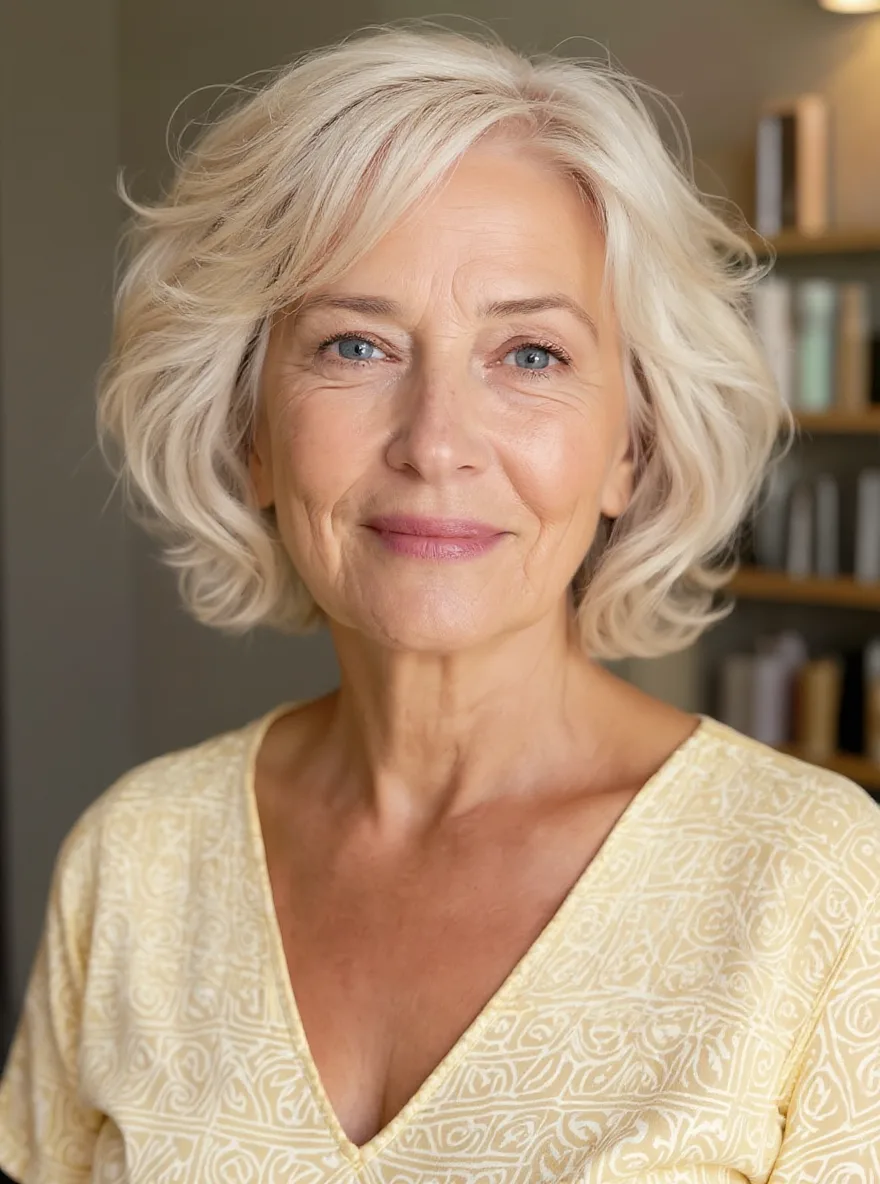 Voluminous Wavy Textured Bob in Soft Silver Blonde
